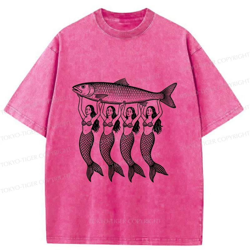 Tokyo-Tiger Mermaids Holding Fish Washed T-Shirt