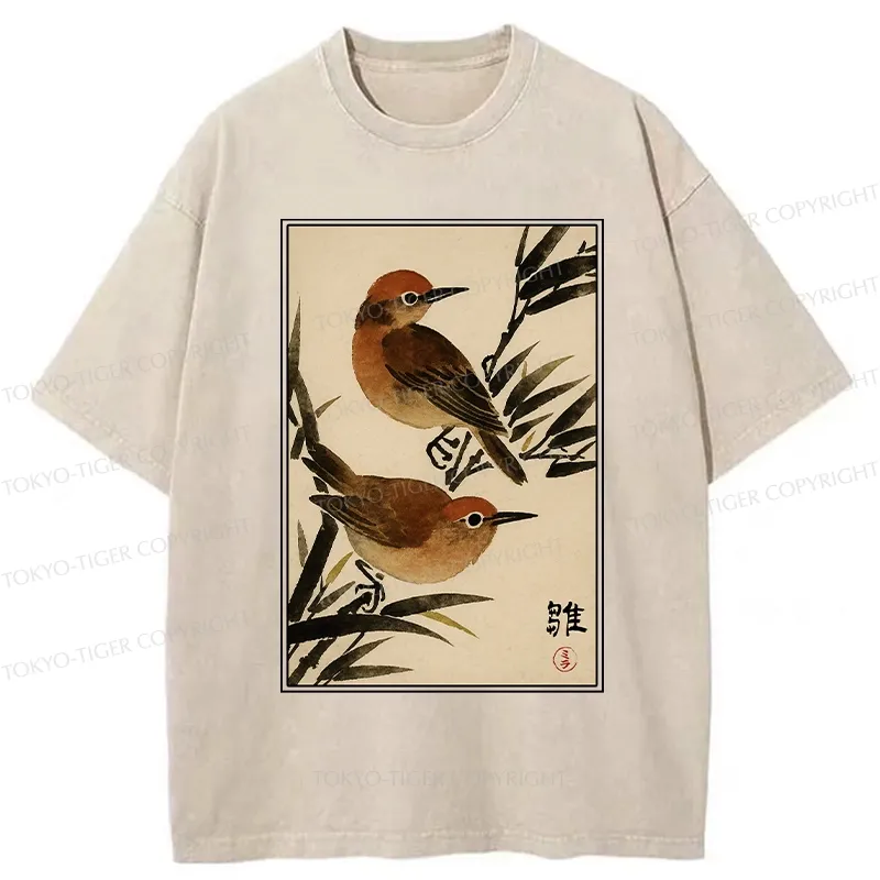Tokyo-Tiger Sparrows Among Bamboo Washed T-Shirt