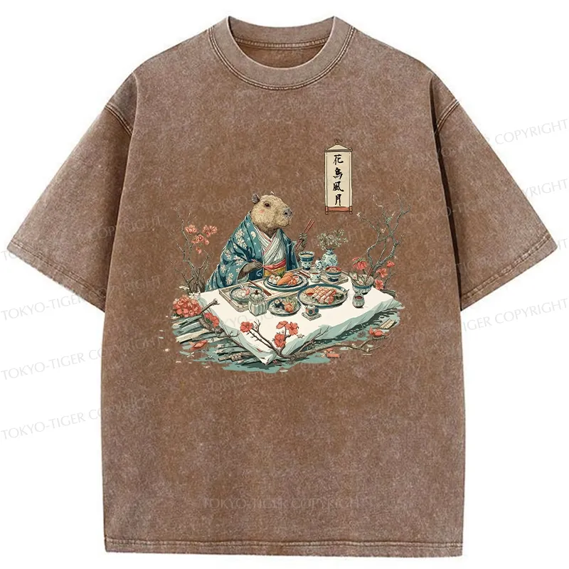 Tokyo-Tiger Capybara Enjoying Sushi Feast Washed T-Shirt