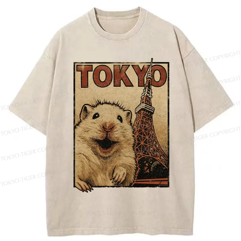 Tokyo-Tiger Happy Hamster Under Tokyo Tower Washed T-Shirt
