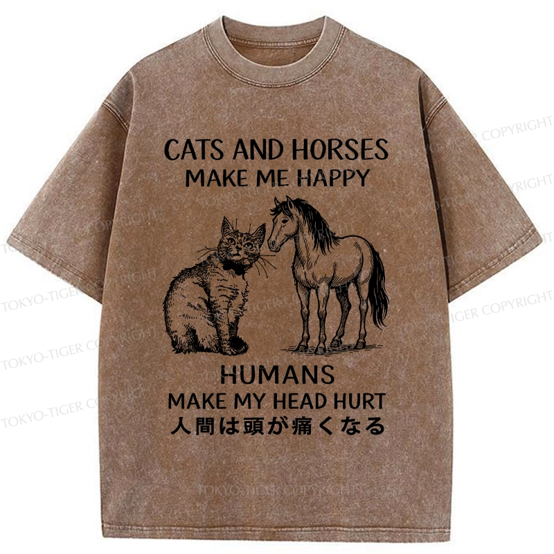 Tokyo-Tiger Funny Cats And Horses Make Me Happy Washed T-Shirt