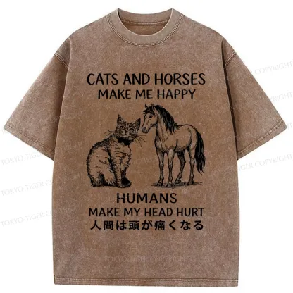 Tokyo-Tiger Funny Cats And Horses Make Me Happy Washed T-Shirt