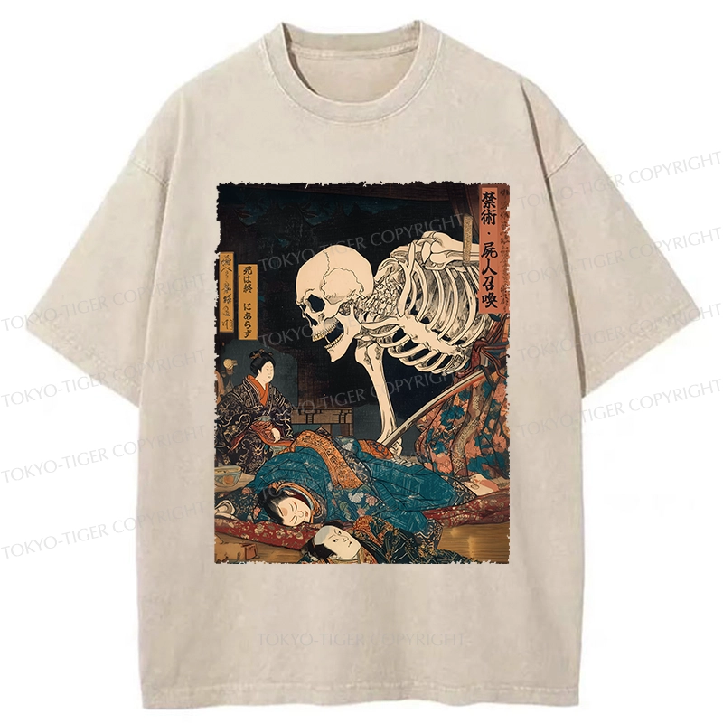 Tokyo-Tiger Ukiyoe Skeleton Yokai Washed T-Shirt