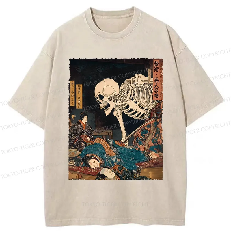Tokyo-Tiger Ukiyoe Skeleton Yokai Washed T-Shirt