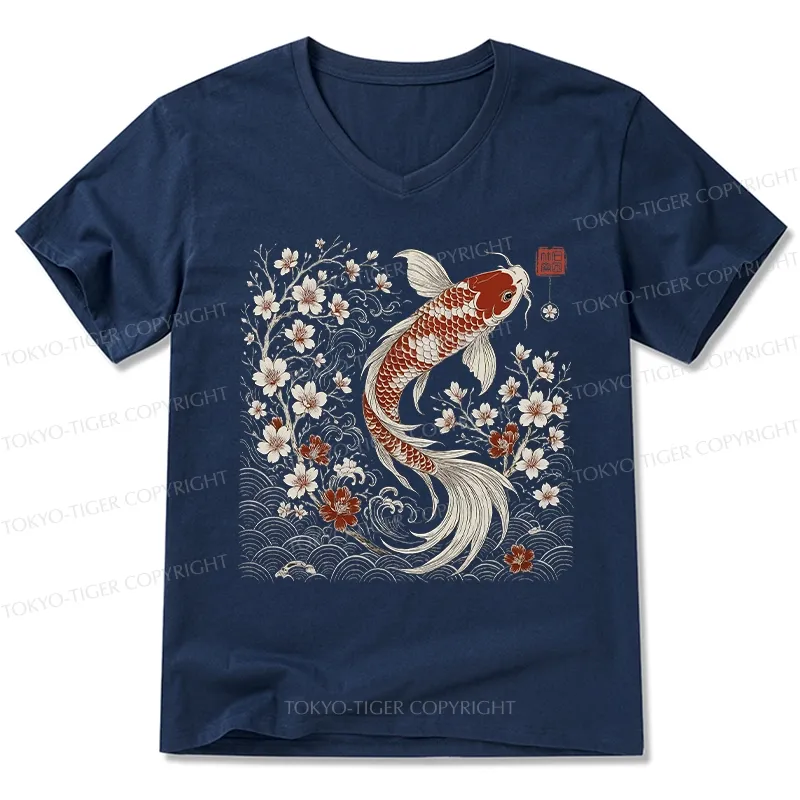 Tokyo-Tiger Vintage Sakura And Koi V-Neck Classic T-Shirt