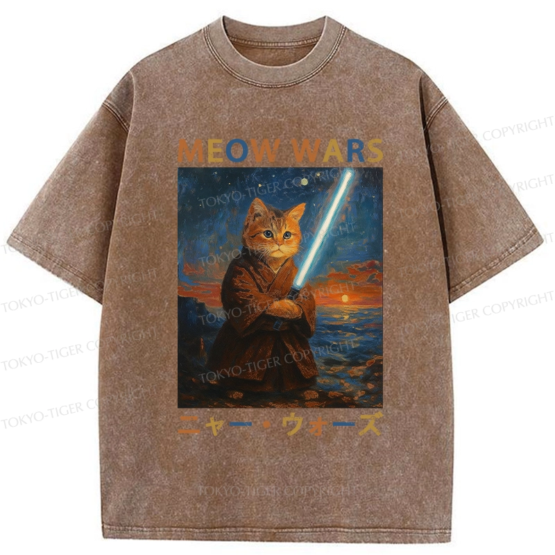Tokyo-Tiger Funny Meow Wars Washed T-Shirt