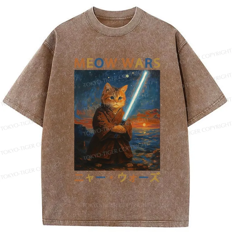 Tokyo-Tiger Funny Meow Wars Washed T-Shirt