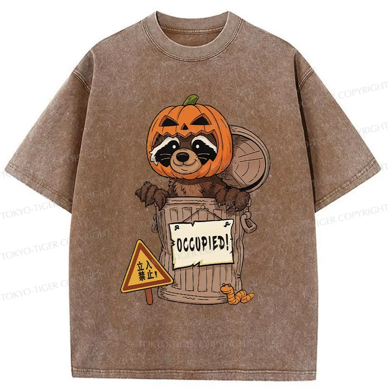 Tokyo-Tiger Funny Raccoon’s Halloween Retreat Washed T-Shirt
