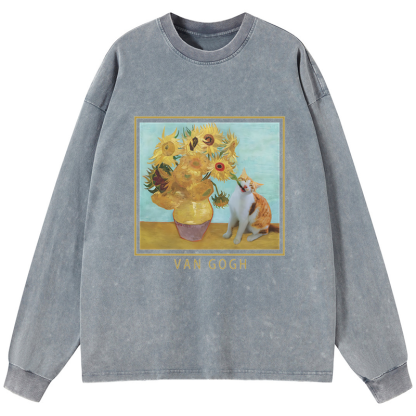 Tokyo-Tiger Naughty Cat Biting Sunflower Washed Long Sleeve T-Shirt