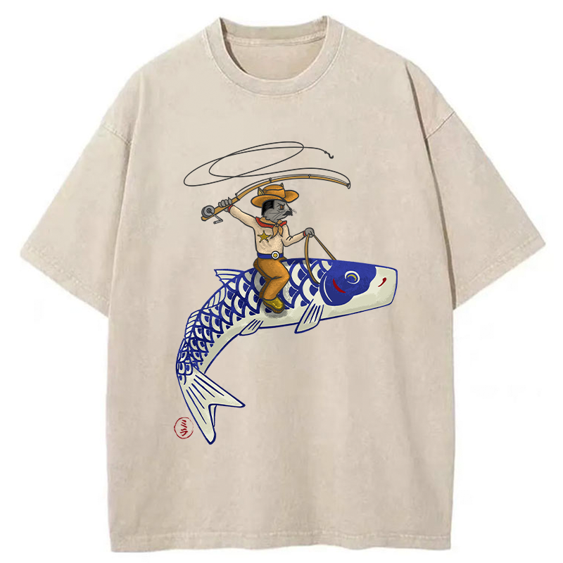 Tokyo-Tiger Cowboy Mouse Ride Fish Washed T-Shirt