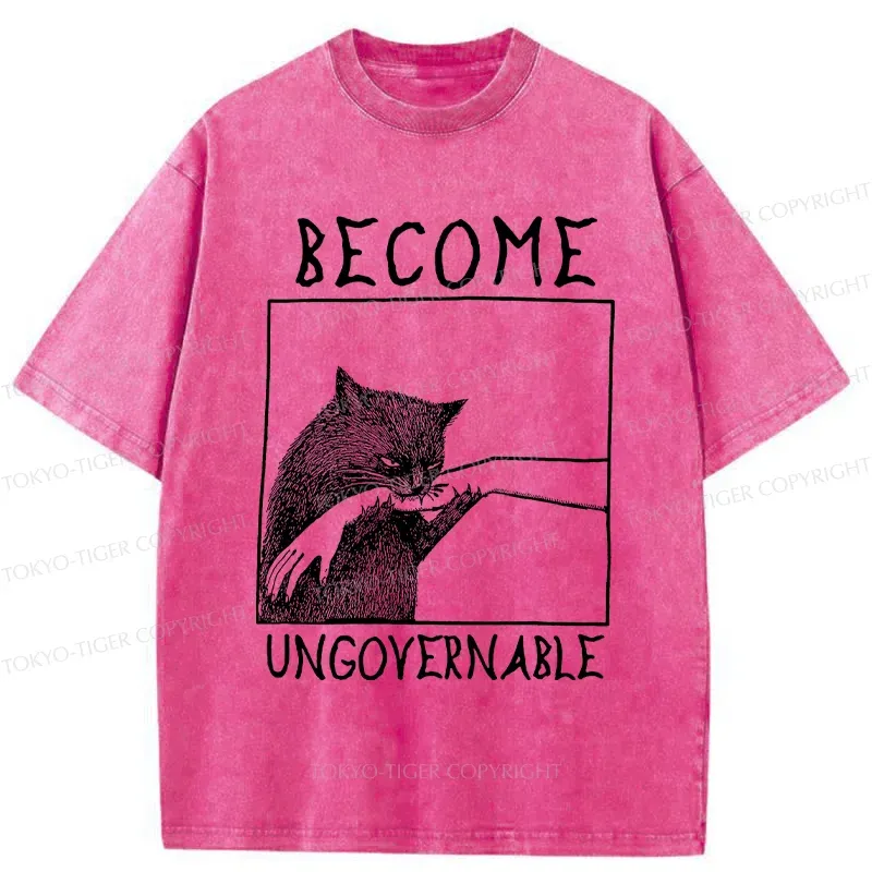 Tokyo-Tiger Cat Biting Arm Washed T-Shirt