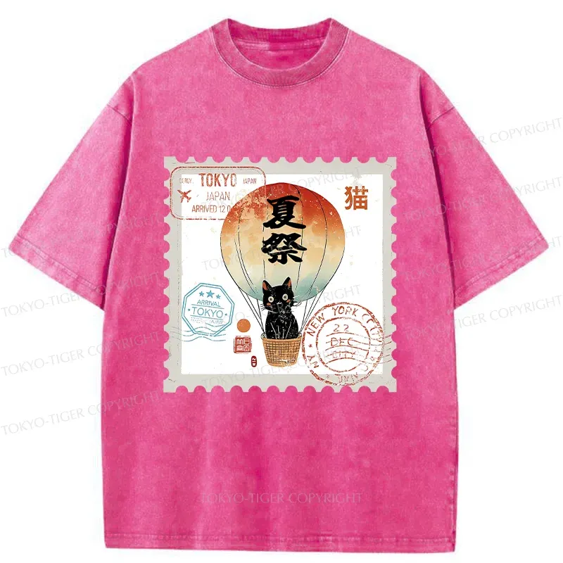 Tokyo-Tiger Japanese Cat Stamp Washed T-Shirt