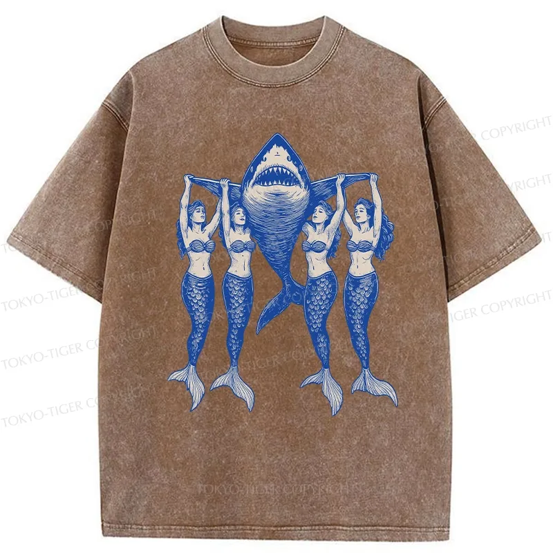 Tokyo-Tiger Mermaids Hoisting The Shark Washed T-Shirt
