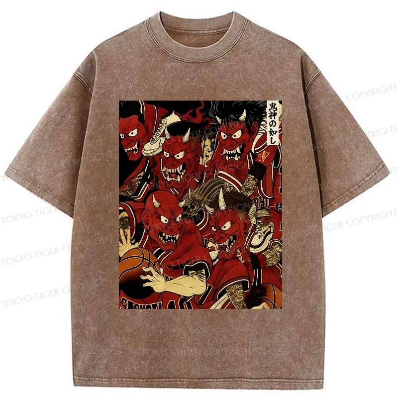 Tokyo-Tiger Demons Playing Basketball Washed T-Shirt