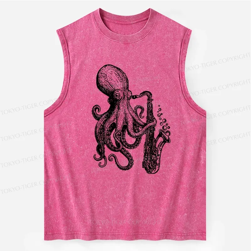Tokyo-Tiger Octopus Playing Saxophone Washed Tank