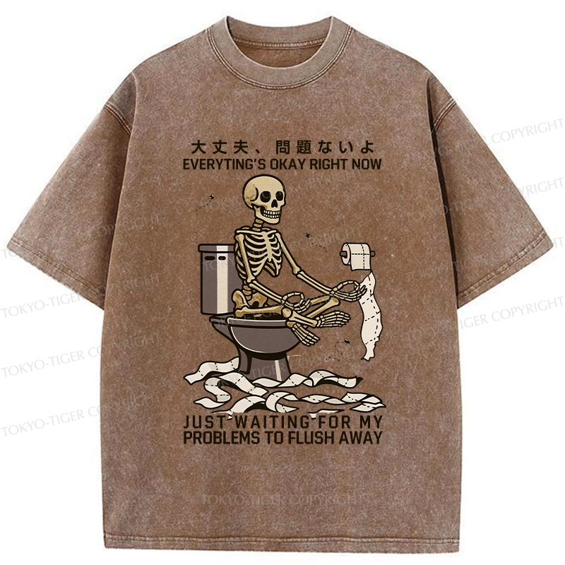 Tokyo-Tiger Funny Flushing Away Skeleton’s Question Washed T-Shirt