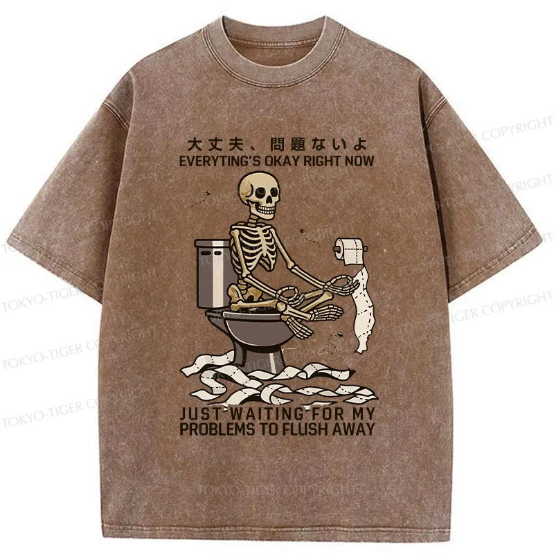 Tokyo-Tiger Funny Flushing Away Skeleton’s Question Washed T-Shirt