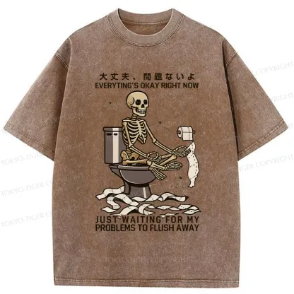Tokyo-Tiger Funny Flushing Away Skeleton’s Question Washed T-Shirt