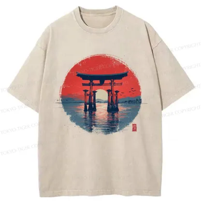 Tokyo-Tiger Retro Japanese Torii Gate Washed T-Shirt