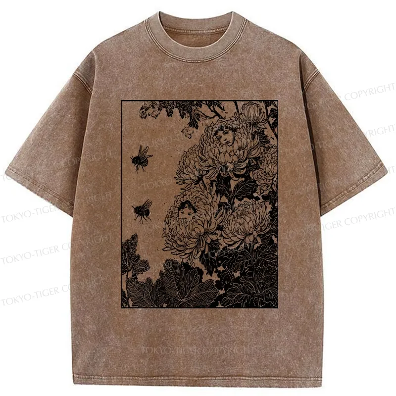 Tokyo-Tiger Chrysanthemums With Hidden Elf Washed T-Shirt