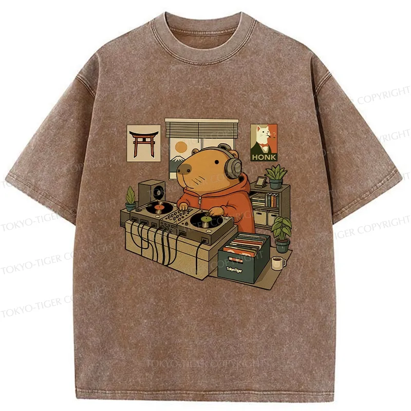 Tokyo-Tiger Funny Capybara DJ Washed T-Shirt