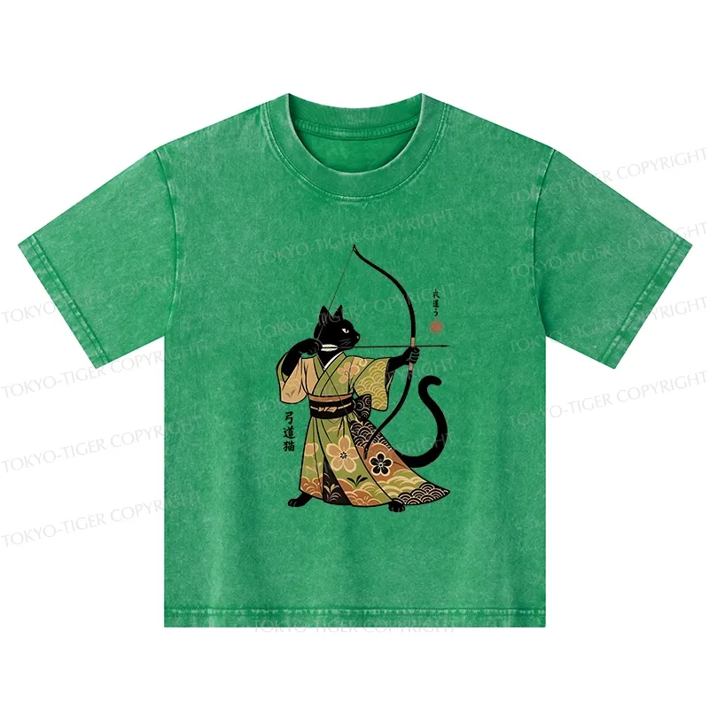 Tokyo-Tiger Japan Cat Archery Kids Washed T-Shirt