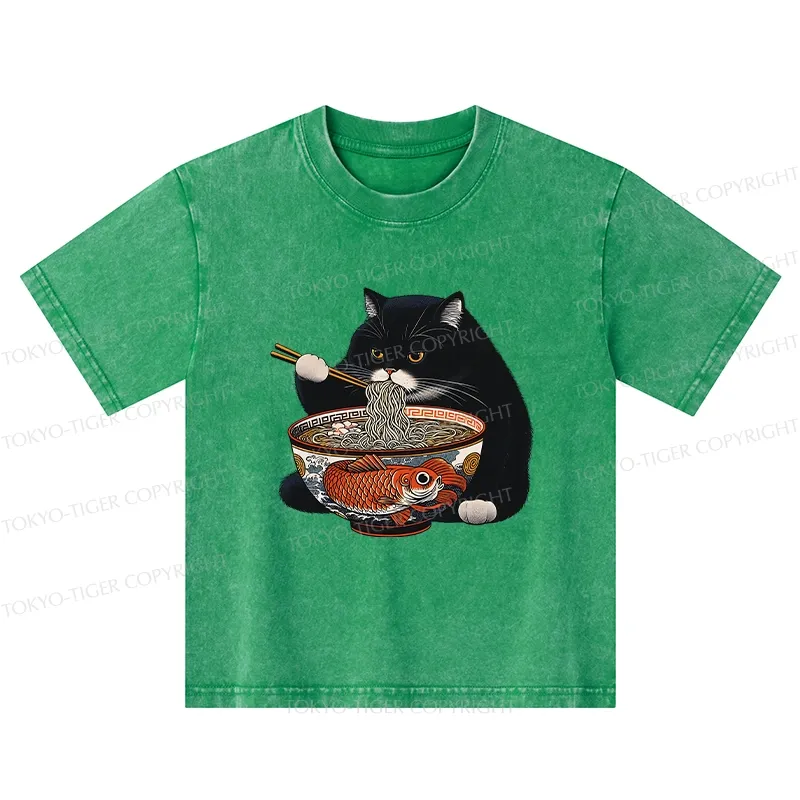 Tokyo-Tiger Fat Cat Eating Ramen Kids Washed T-Shirt