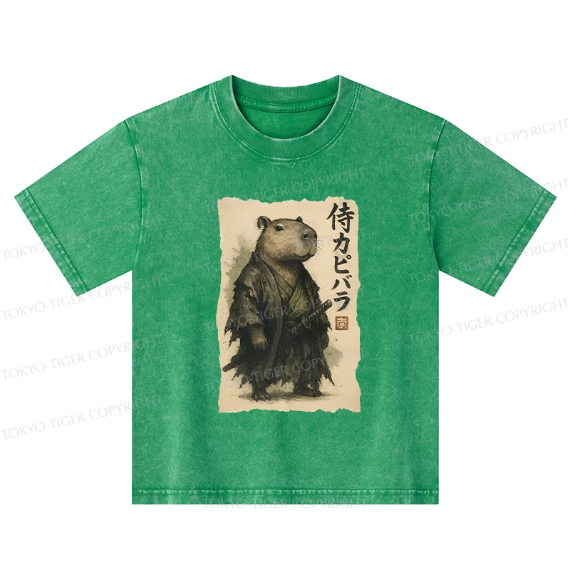Tokyo-Tiger Capybara Samurai Kids Washed T-Shirt