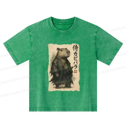 Tokyo-Tiger Capybara Samurai Kids Washed T-Shirt