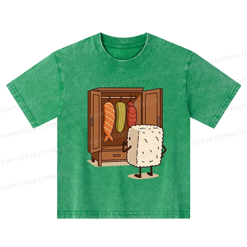 Tokyo-Tiger Sushi Pick Out Clothes Kids Washed T-Shirt