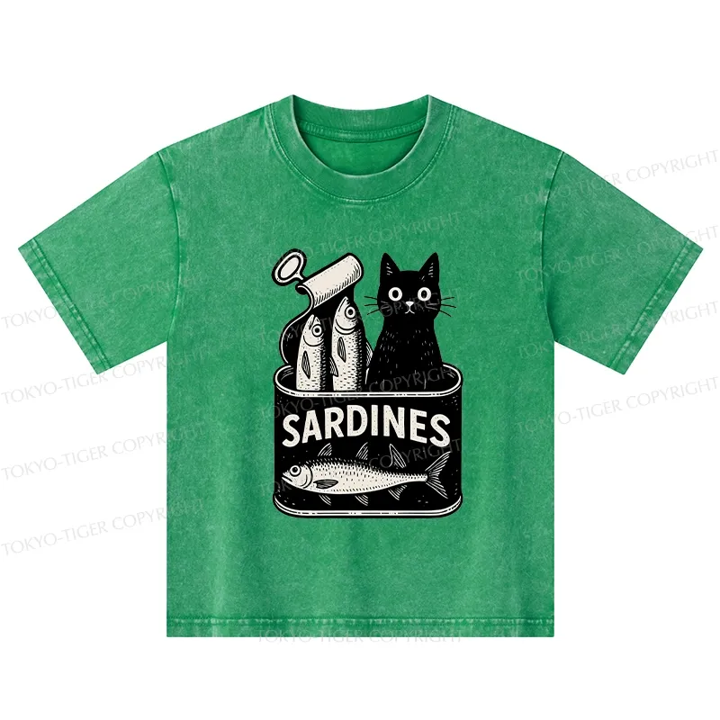 Tokyo-Tiger Cat And Canned Fish Kids Washed T-Shirt