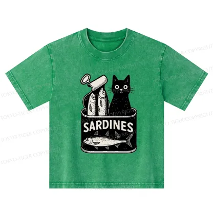 Tokyo-Tiger Cat And Canned Fish Kids Washed T-Shirt