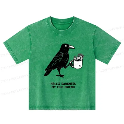 Tokyo-Tiger Crow Drinking Black Coffee Funny Kids Washed T-Shirt