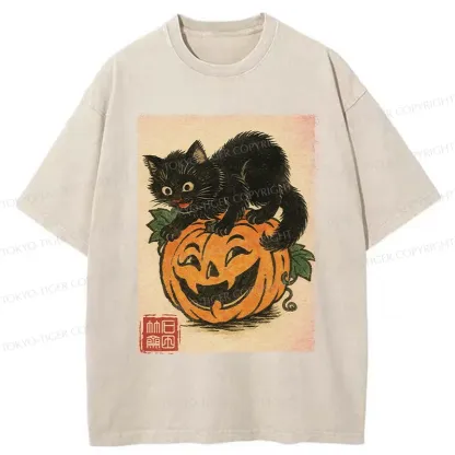 Tokyo-Tiger Black Cat And Pumpkin Washed T-Shirt