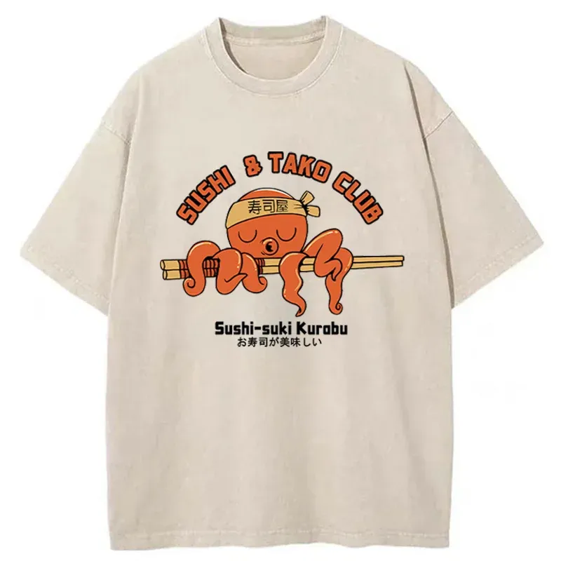 Tokyo-Tiger Octopus And Sushi Washed T-Shirt