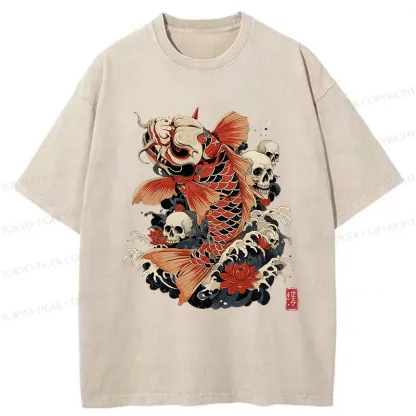 Tokyo-Tiger Japanese Koi And Skull Washed T-Shirt