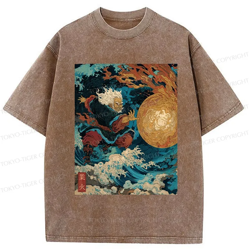 Tokyo-Tiger Samurai Controls Fireball Washed T-Shirt