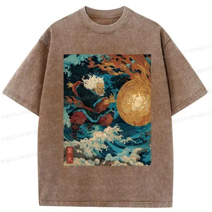Tokyo-Tiger Samurai Controls Fireball Washed T-Shirt