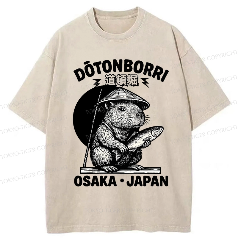 Tokyo-Tiger Capybara Holding A Fish Washed T-Shirt