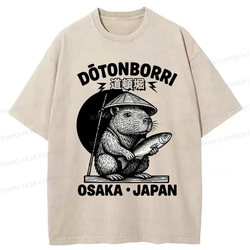 Tokyo-Tiger Capybara Holding A Fish Washed T-Shirt