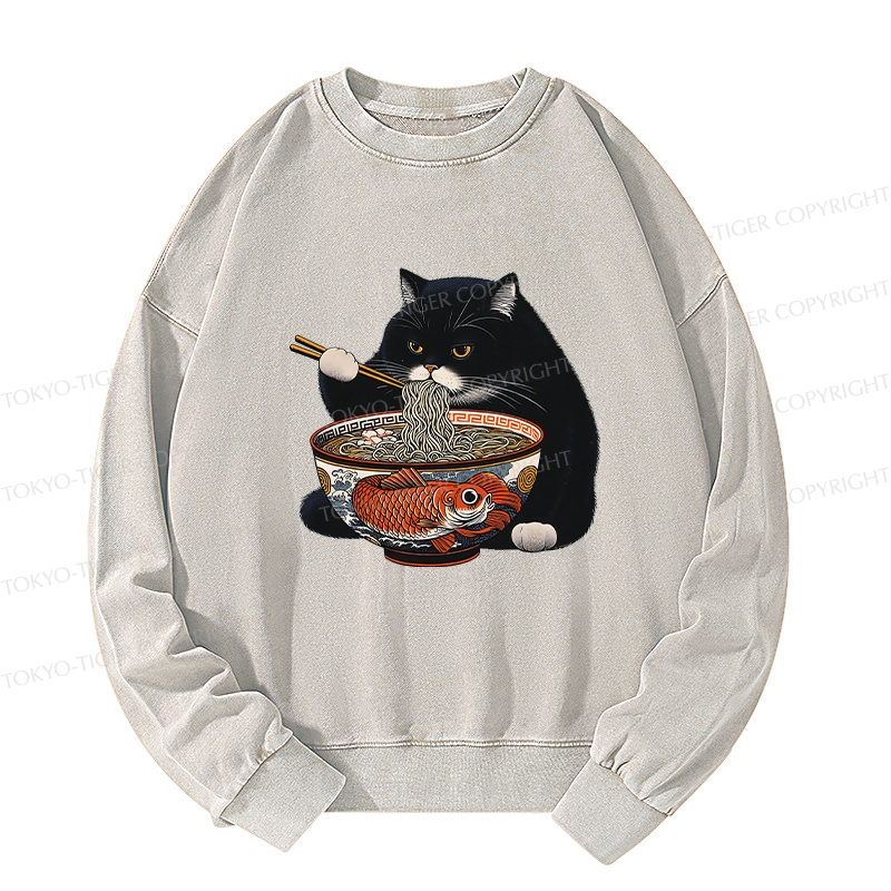 Tokyo-Tiger Fat Cat Eating Ramen Washed Sweatshirt