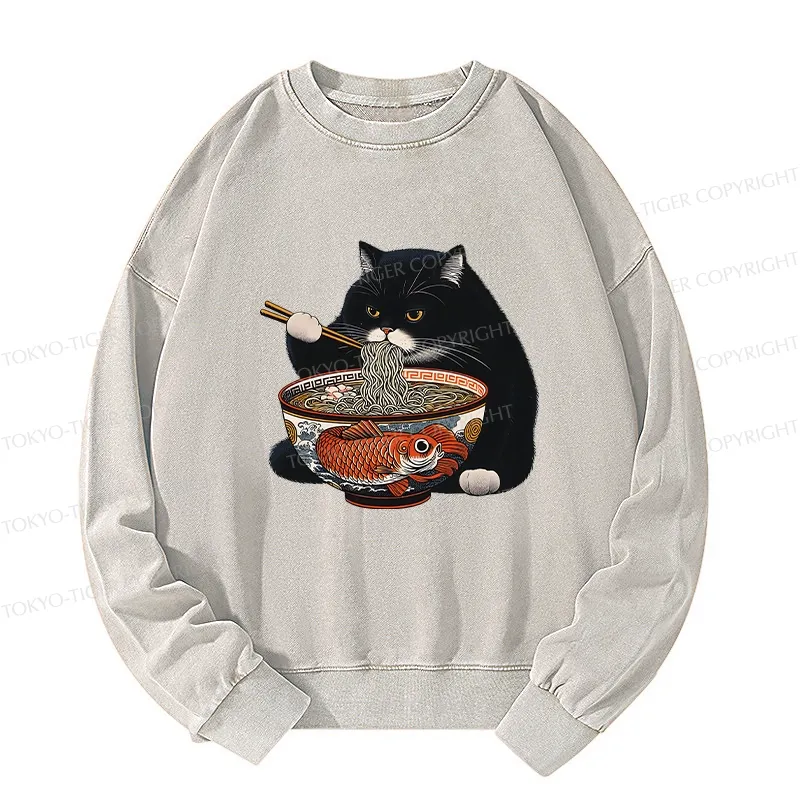 Tokyo-Tiger Fat Cat Eating Ramen Washed Sweatshirt