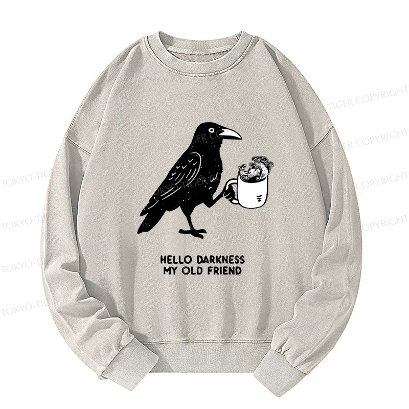 Tokyo-Tiger Crow Drinking Black Coffee Funny Washed Sweatshirt