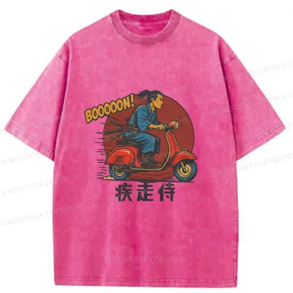 Tokyo-Tiger Samurai On Motorcycle Washed T-Shirt