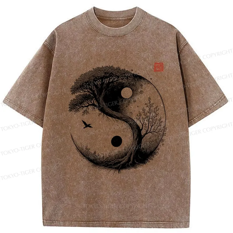 Tokyo-Tiger Yin Yang Bonsai Tree Washed T-Shirt