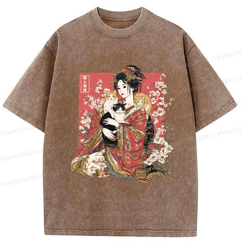 Tokyo-Tiger Geisha And Cats Washed T-Shirt