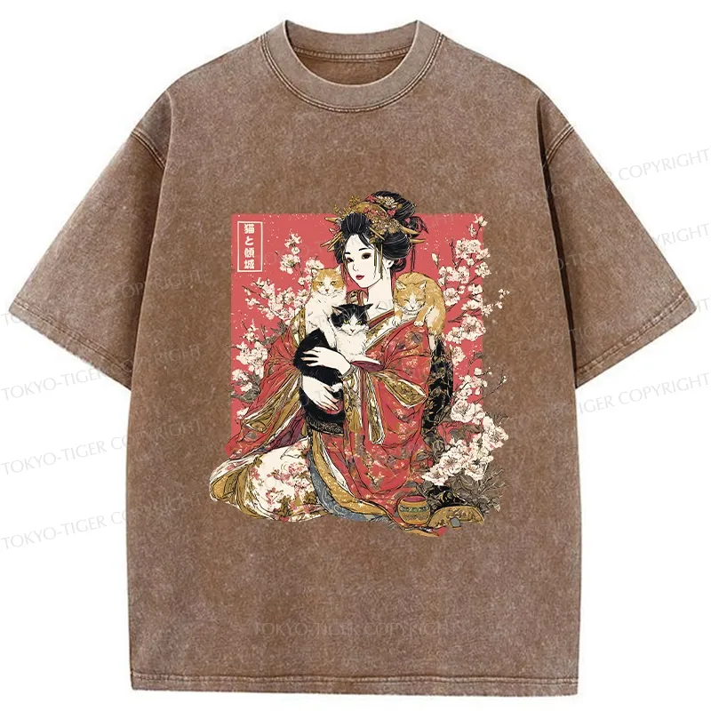 Tokyo-Tiger Geisha And Cats Washed T-Shirt