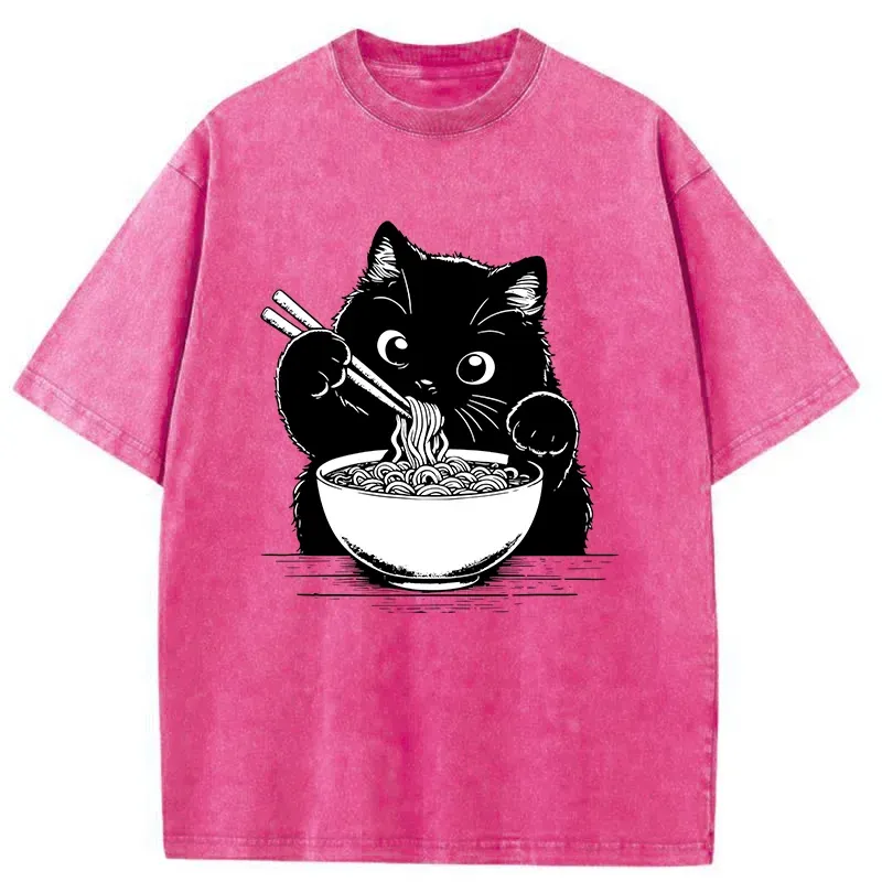 Tokyo-Tiger Cute Cat Eating Ramen Washed T-Shirt
