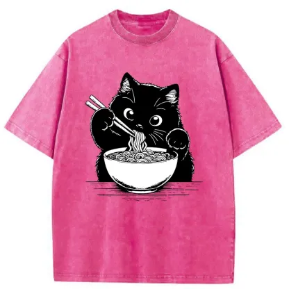 Tokyo-Tiger Cute Cat Eating Ramen Washed T-Shirt