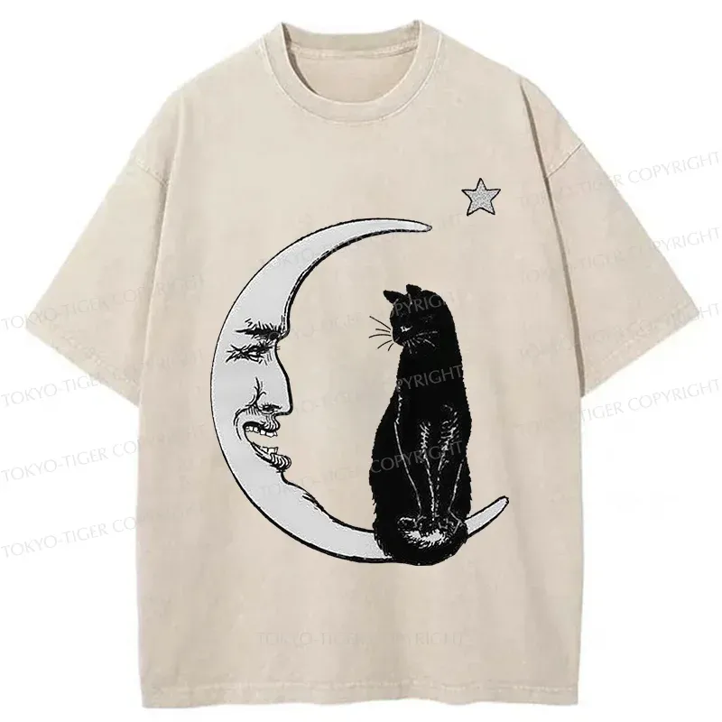 Tokyo-Tiger Moon And Cat Washed T-Shirt